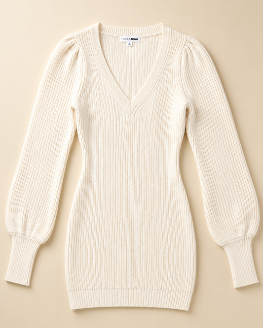 Vestido Lanilla Fashion Nova Usada Mujer — Cuello V Crema